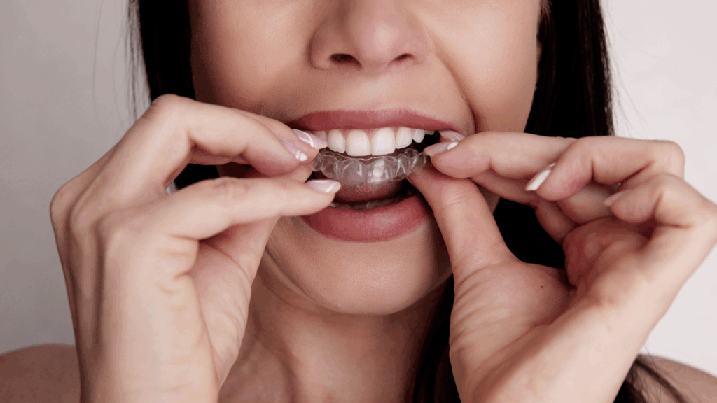 Erwachsene Frau setzt transparenten Aligner ein – Kieferorthopädie für Erwachsene bei Dr. Paula Göser im Haus der Zahngesundheit Köln