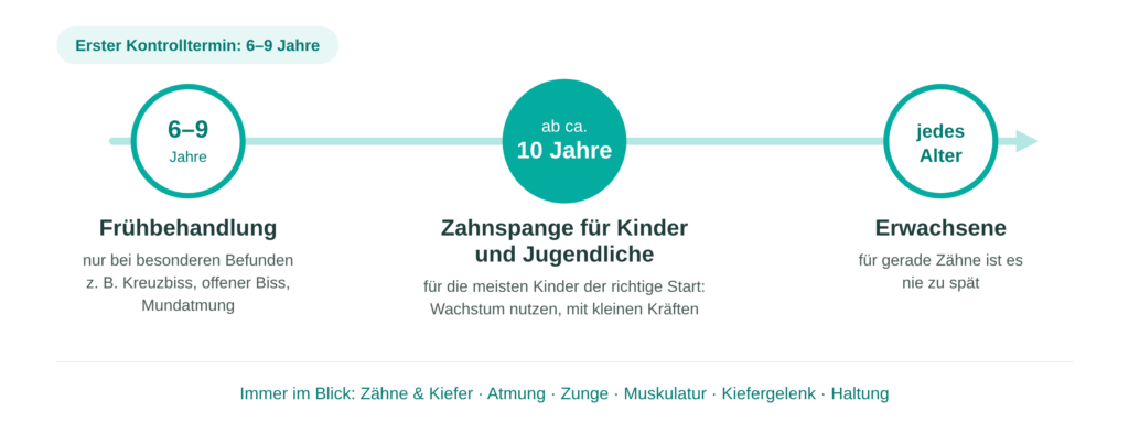 Zeitstrahl Kieferorthopädie: Frühbehandlung 6–9 Jahre, Zahnspange für Kinder und Jugendliche ab 10 Jahren, Erwachsene in jedem Alter